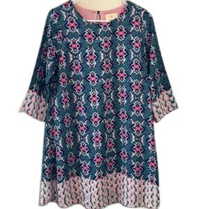 Everly Sheath Tunic Dress Teal and Pink Aztec Print Size Small